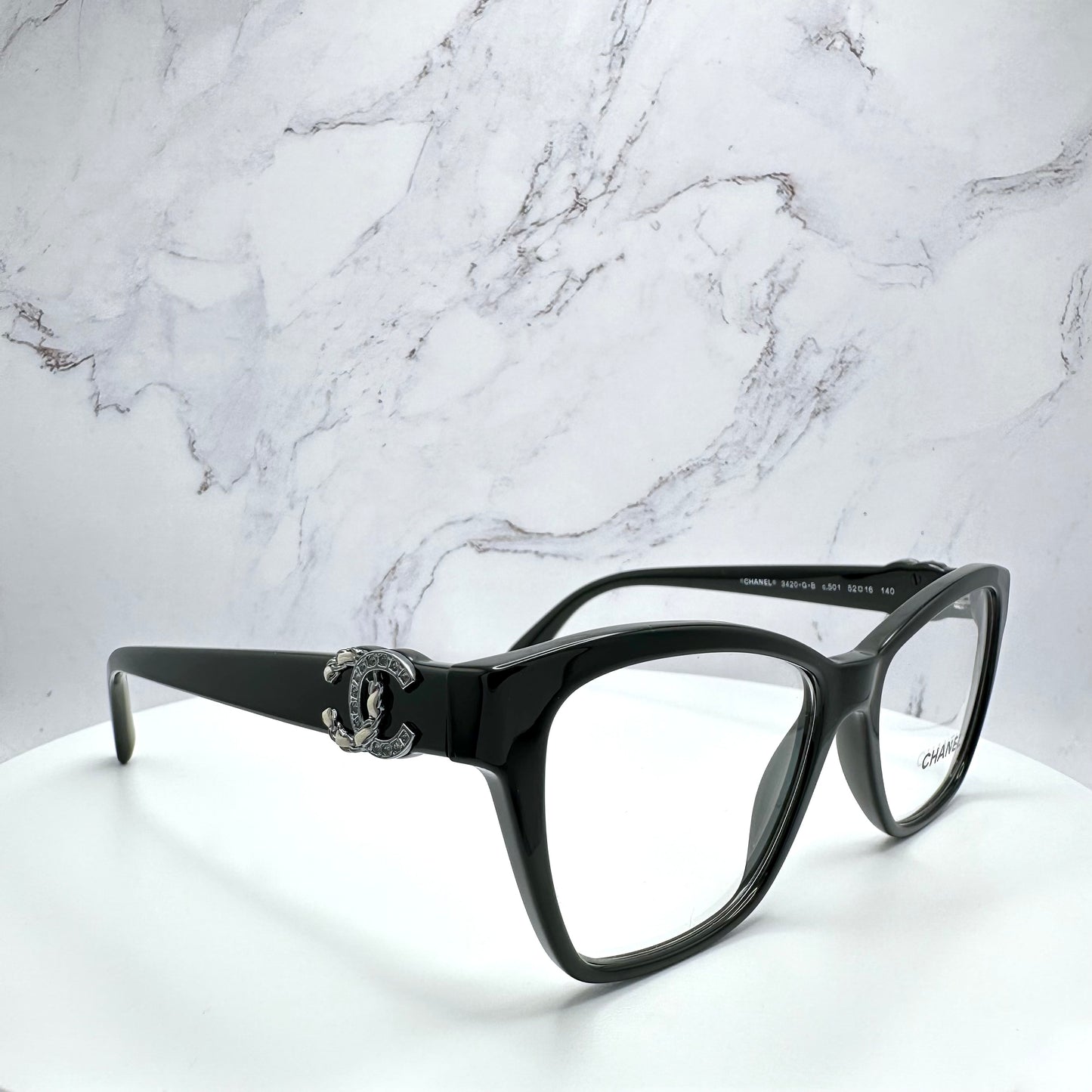 CHANEL Eyeglasses Black Crystal & Leather CC Logo 52-16-140mm