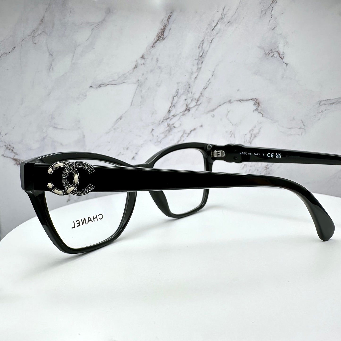 CHANEL Eyeglasses Black Crystal & Leather CC Logo 52-16-140mm