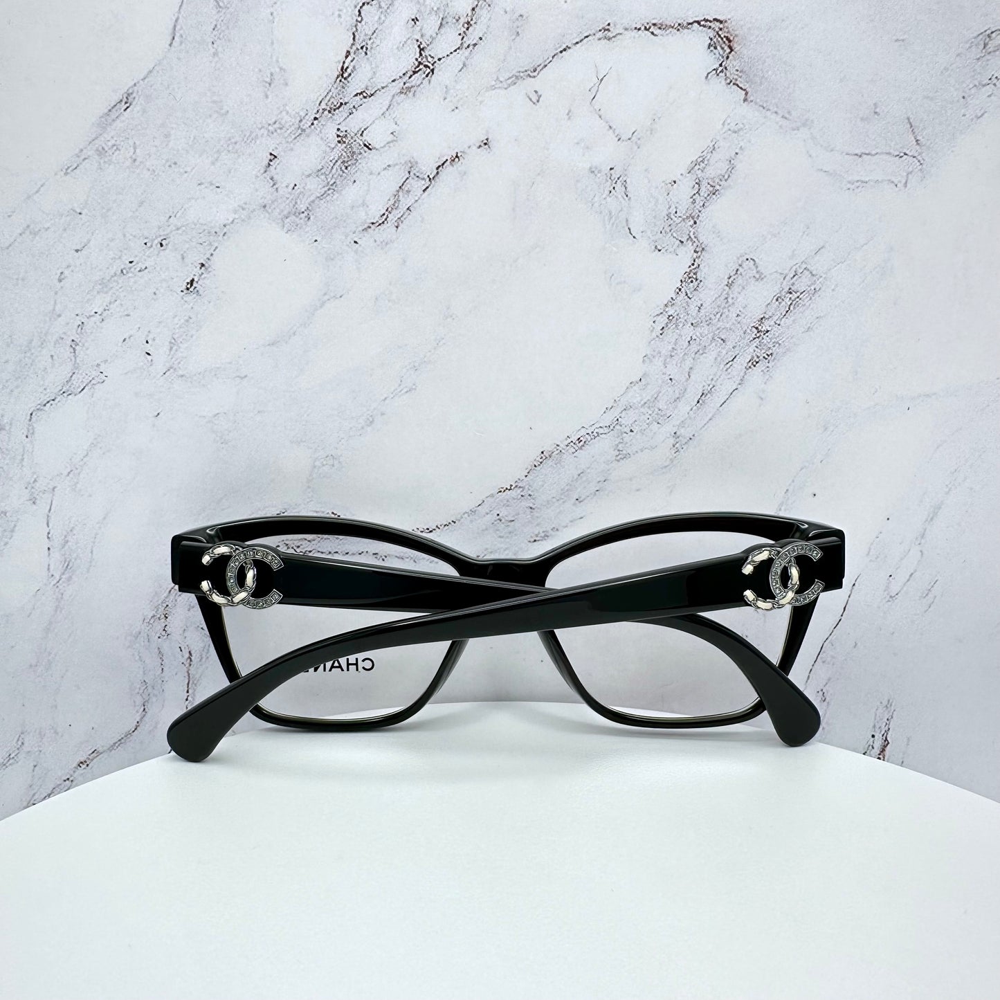 CHANEL Eyeglasses Black Crystal & Leather CC Logo 52-16-140mm