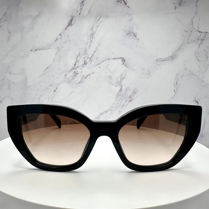 PRADA SPRA09 1AB0A6 black cat eye sunglasses with brown lens for women front view.