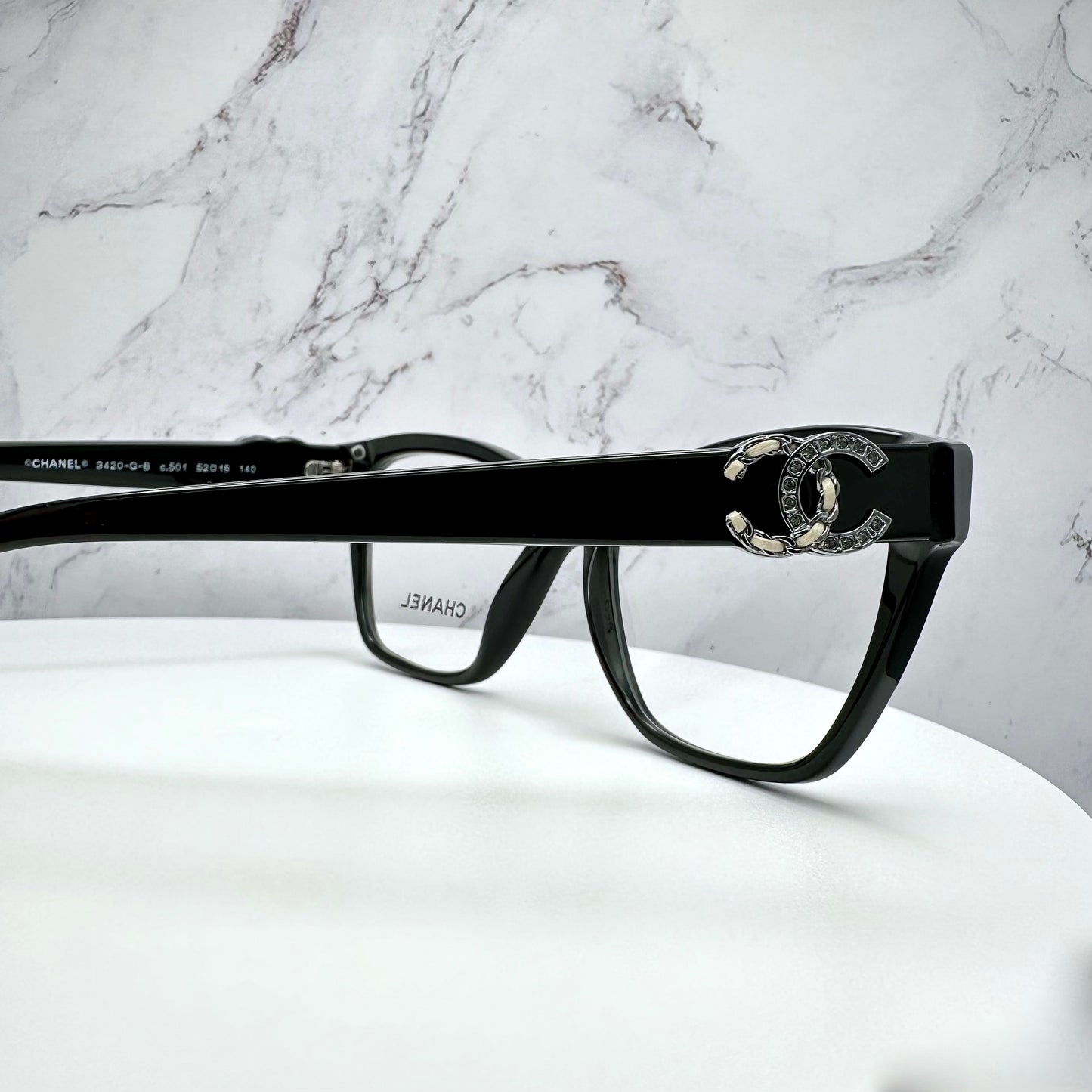 CHANEL Eyeglasses Black Crystal & Leather CC Logo 52-16-140mm