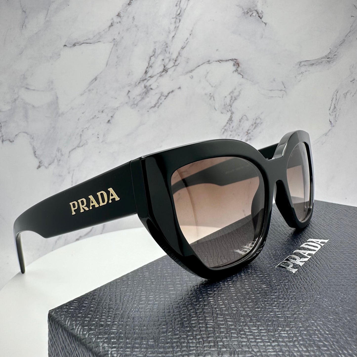 PRADA Sunglasses Black Cat Eye PRA09S Gold Logo