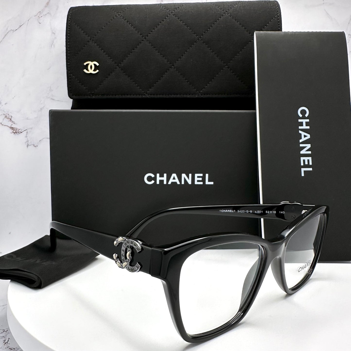 CHANEL Eyeglasses Black Crystal & Leather CC Logo 52-16-140mm