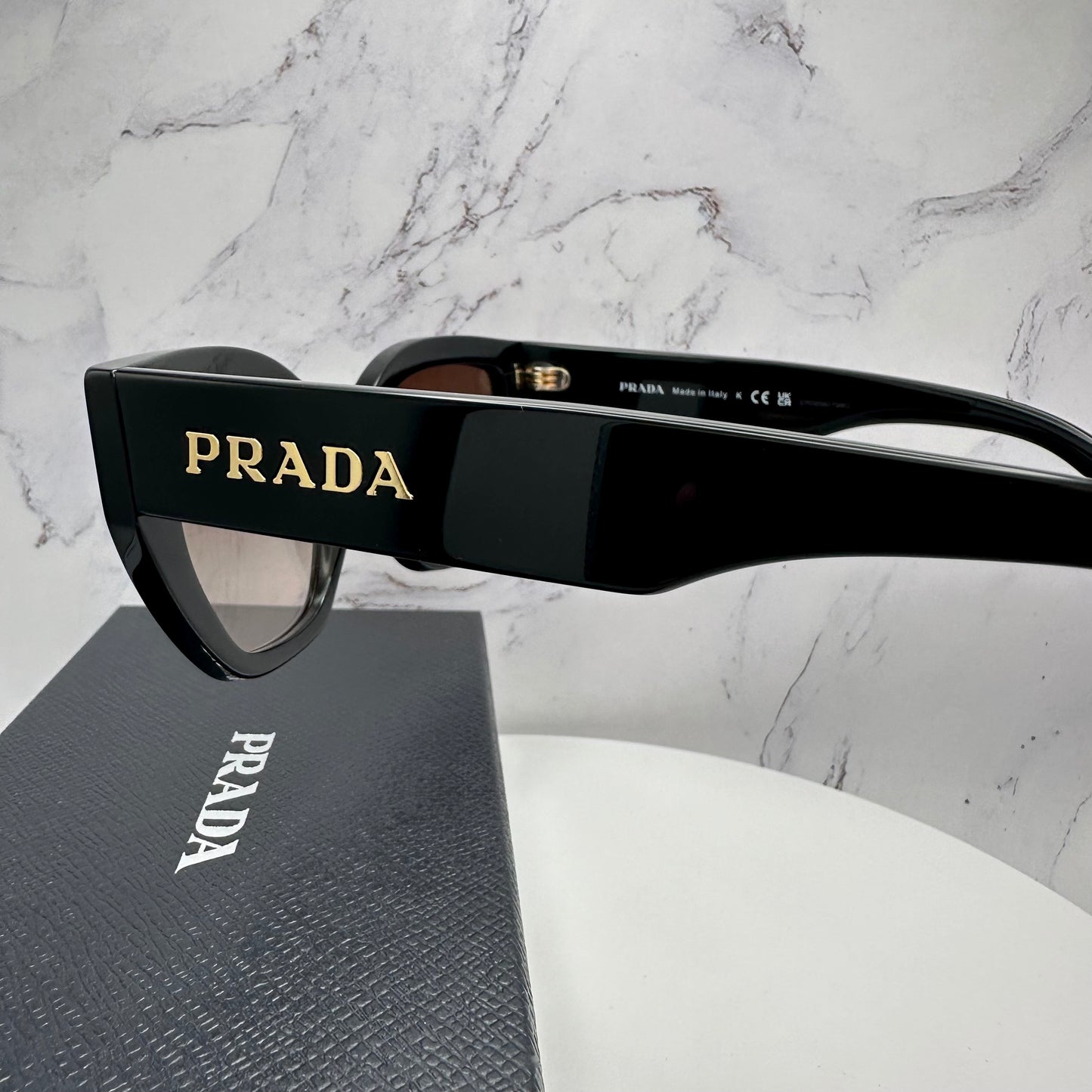 PRADA Sunglasses Black Cat Eye PRA09S Gold Logo