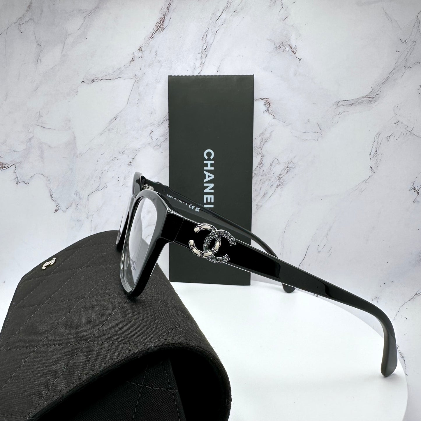 CHANEL Eyeglasses Black Crystal & Leather CC Logo 52-16-140mm