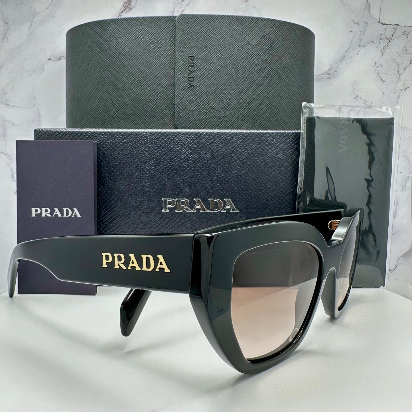 PRADA Sunglasses Black Cat Eye PRA09S Gold Logo