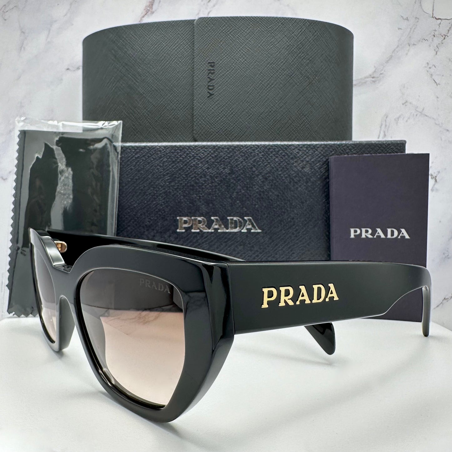 PRADA Sunglasses Black Cat Eye PRA09S Gold Logo