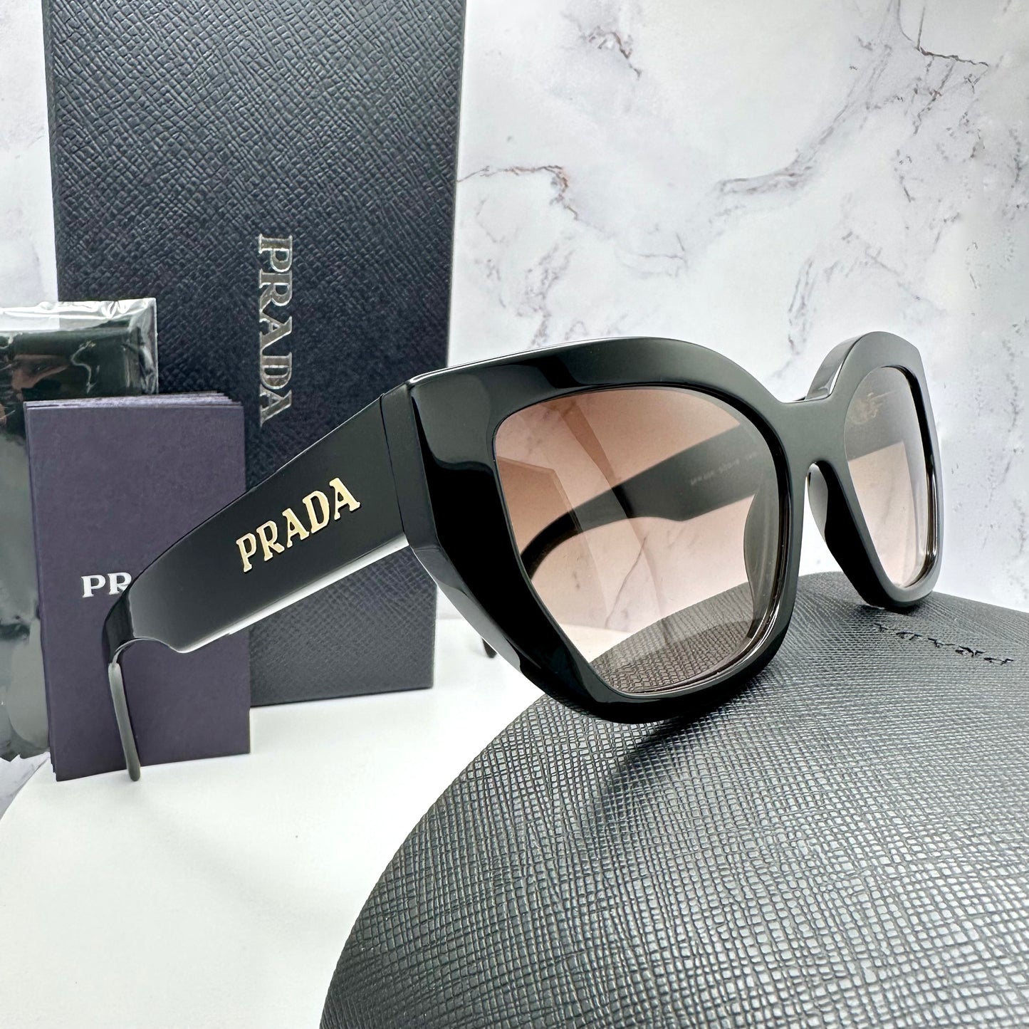 PRADA Sunglasses Black Cat Eye PRA09S Gold Logo