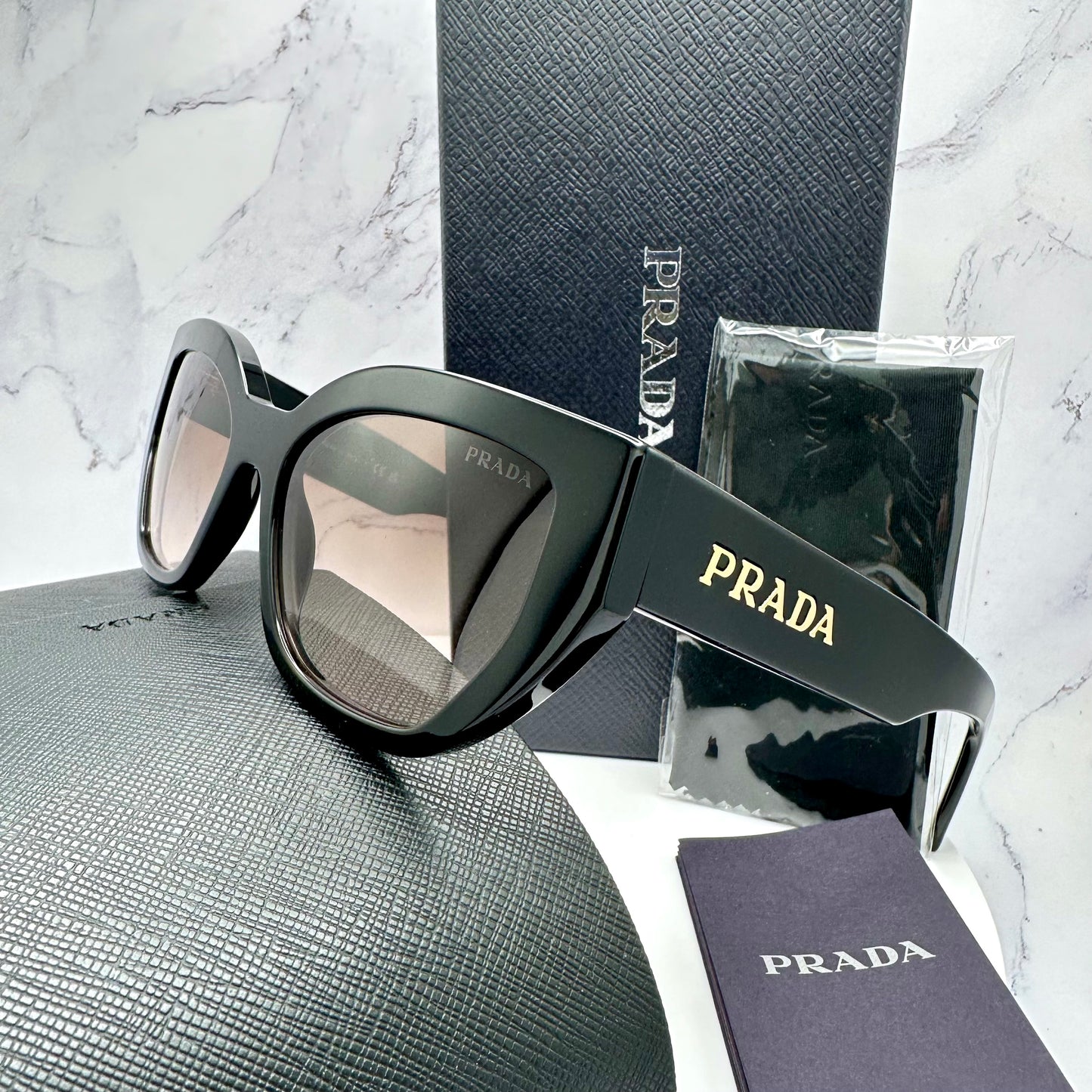 PRADA Sunglasses Black Cat Eye PRA09S Gold Logo