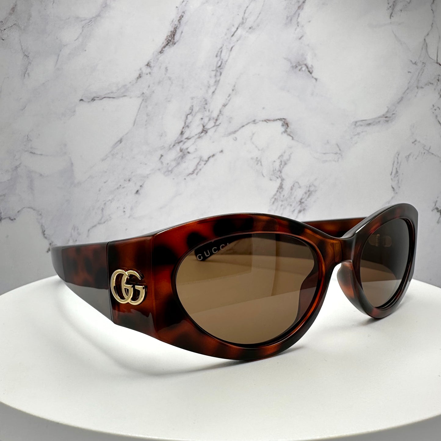 Gucci Brown Gold Metal Logo Sunglasses Oval Wrap Mask GG1401S 002