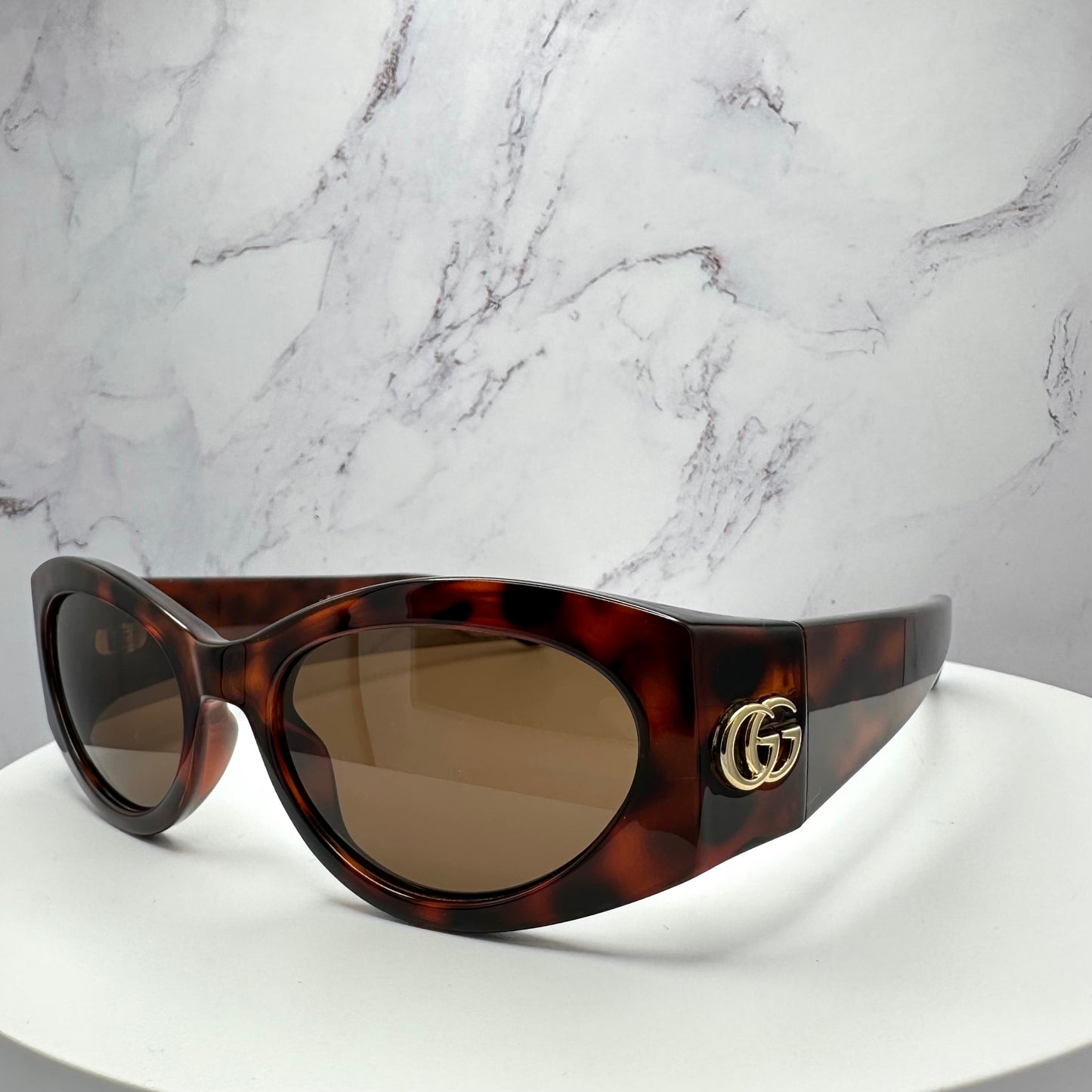 Gucci Brown Gold Metal Logo Sunglasses Oval Wrap Mask GG1401S 002