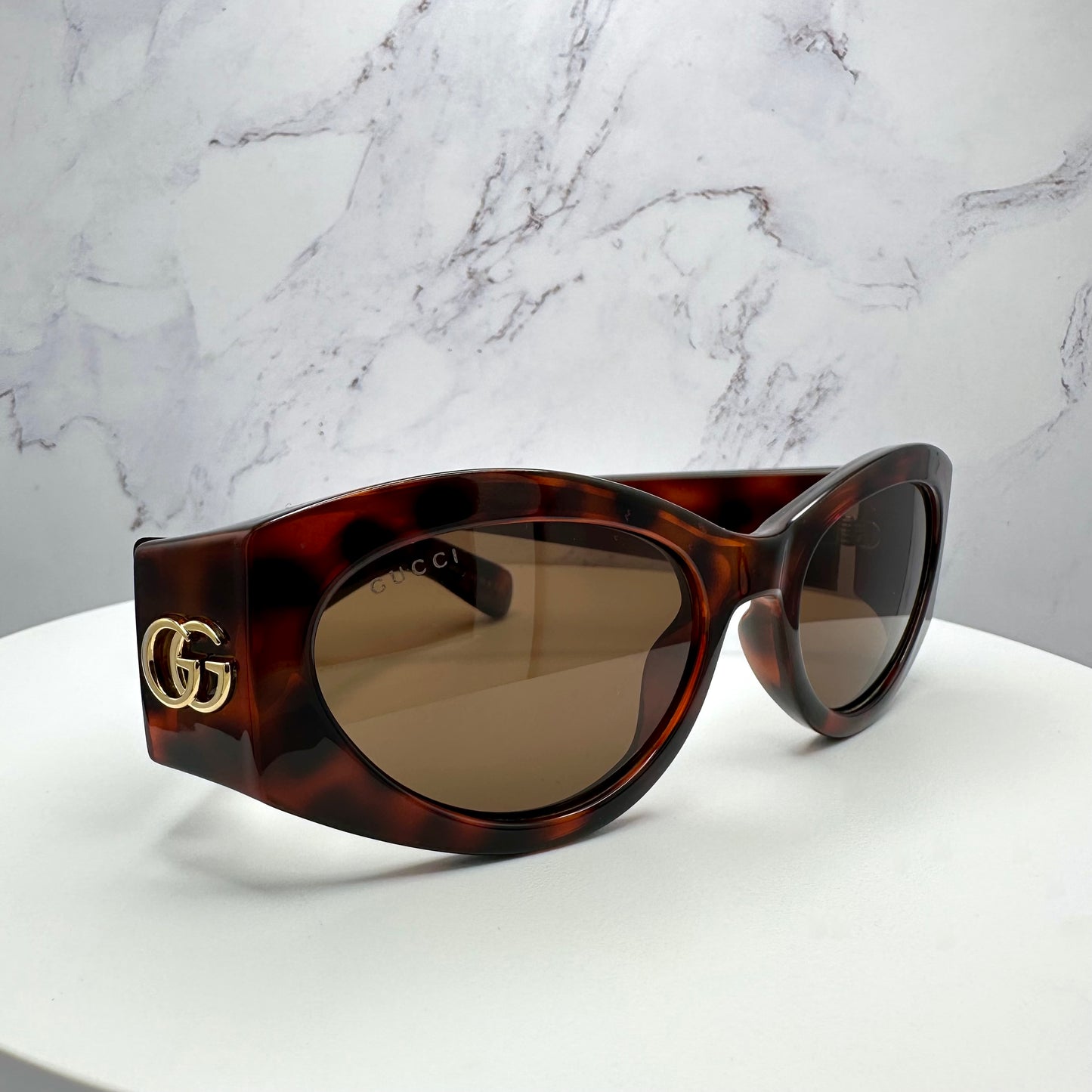 Gucci Brown Gold Metal Logo Sunglasses Oval Wrap Mask GG1401S 002