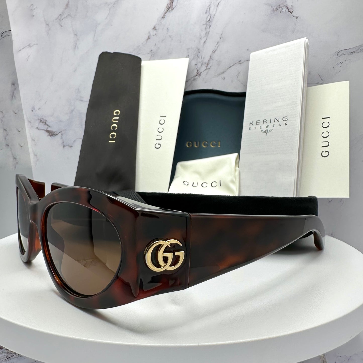 Gucci Brown Gold Metal Logo Sunglasses Oval Wrap Mask GG1401S 002