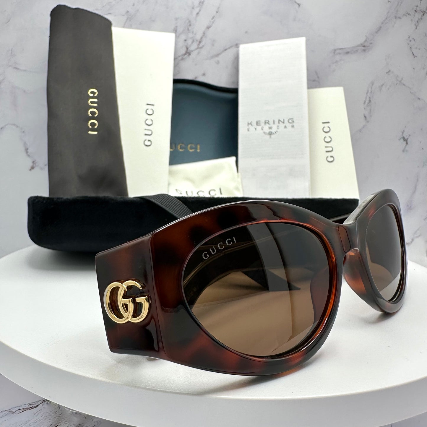 Gucci Brown Gold Metal Logo Sunglasses Oval Wrap Mask GG1401S 002