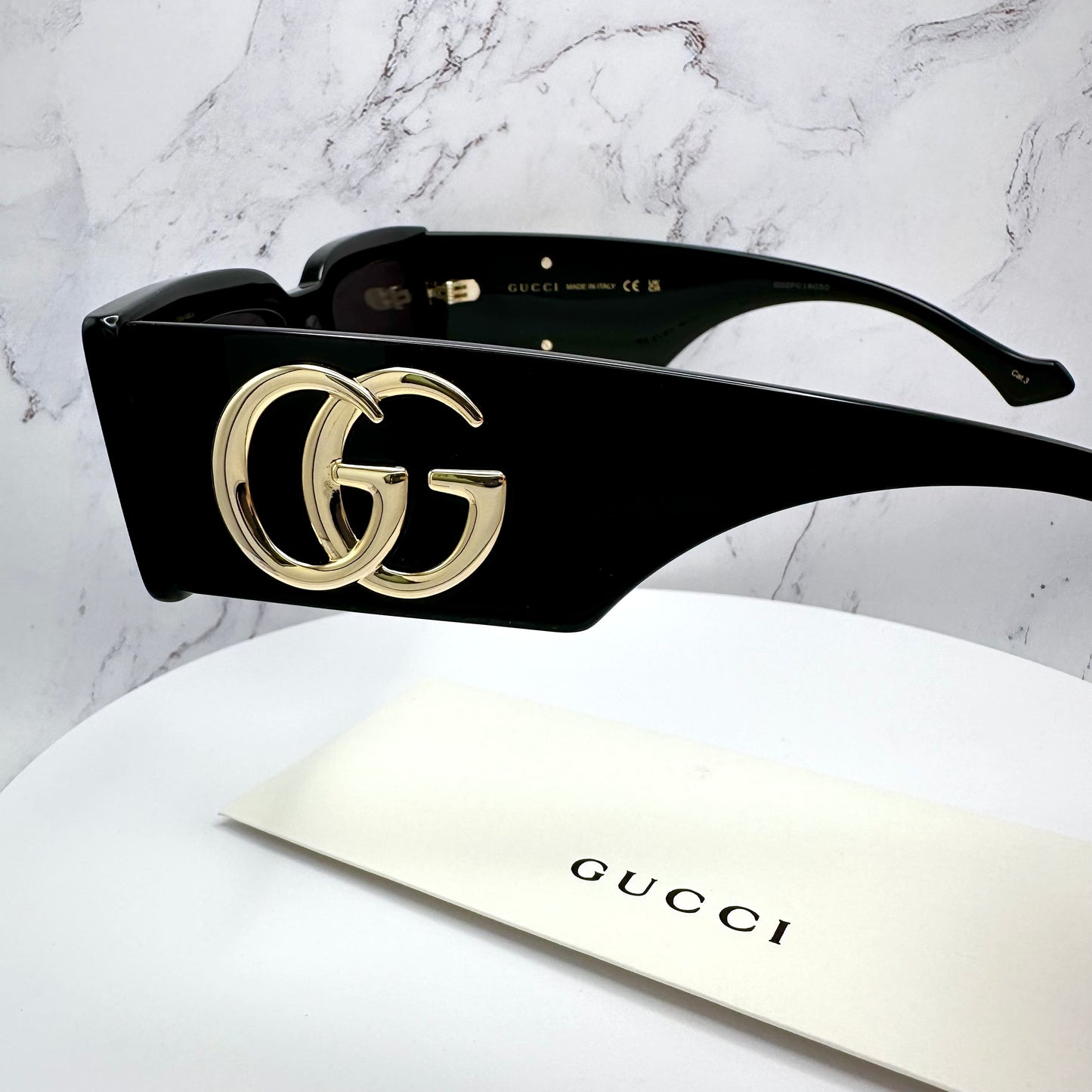 Gucci Sunglasses Square Rectangle Black Gold GG Logo GG1425S 001