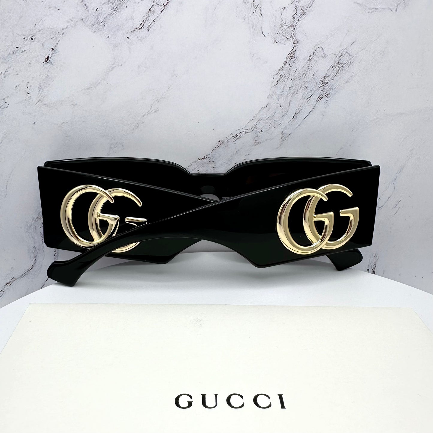 Gucci Sunglasses Square Rectangle Black Gold GG Logo GG1425S 001