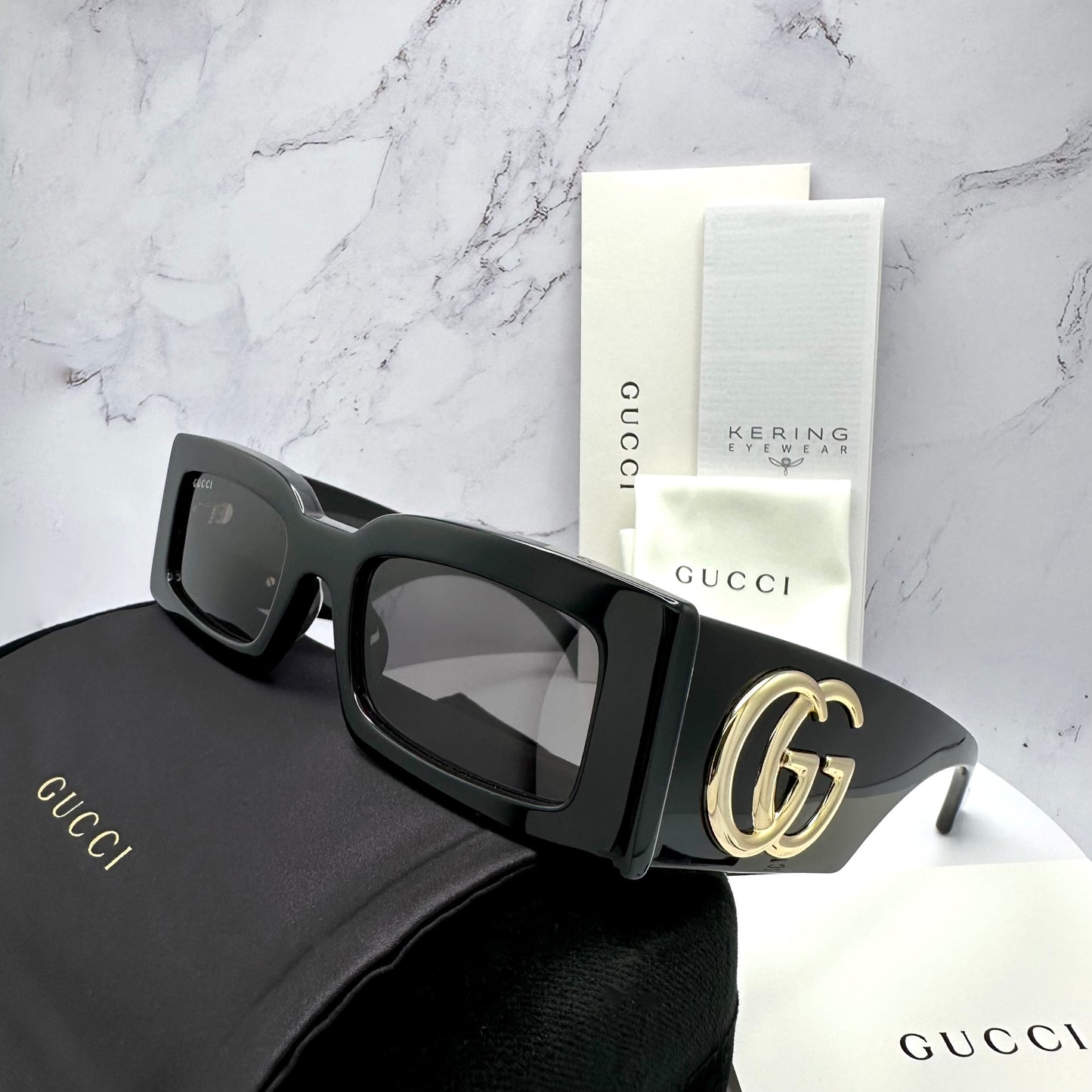 Gucci Black Sunglasses Square Gold GG Logo GG1425S 001