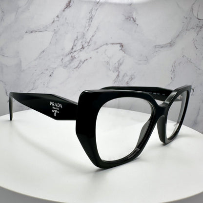 Prada PR18WV 1AB1O1 black eyeglass frames side view with symbole logo demo lens
