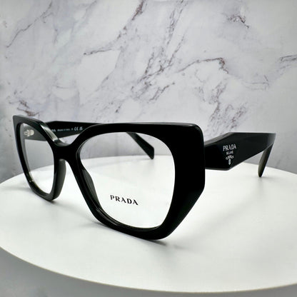 Prada PR 18WV 1AB1O1 black eyeglass frames side view with symbole logo.