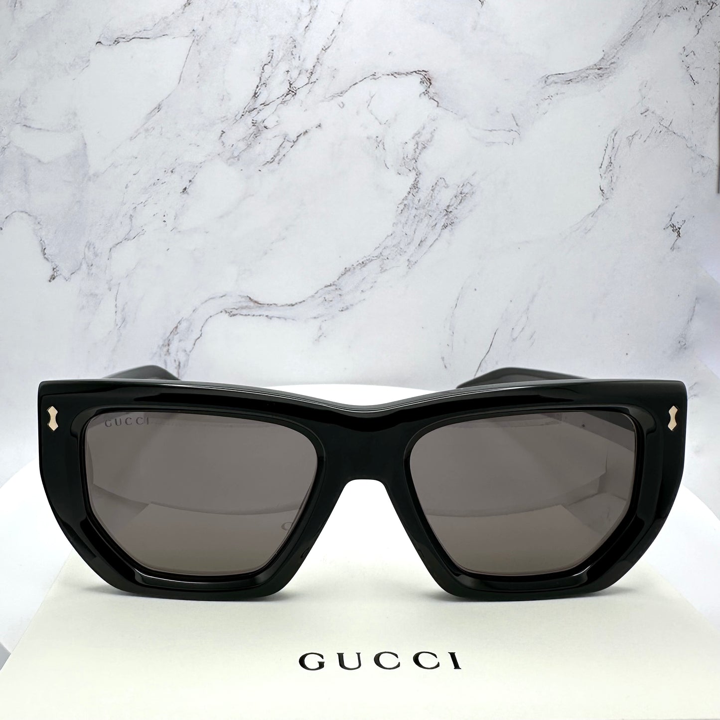 Gucci Rivetto Sunglasses GG1520S 001 Black Square Letter Gold Logo 53mm