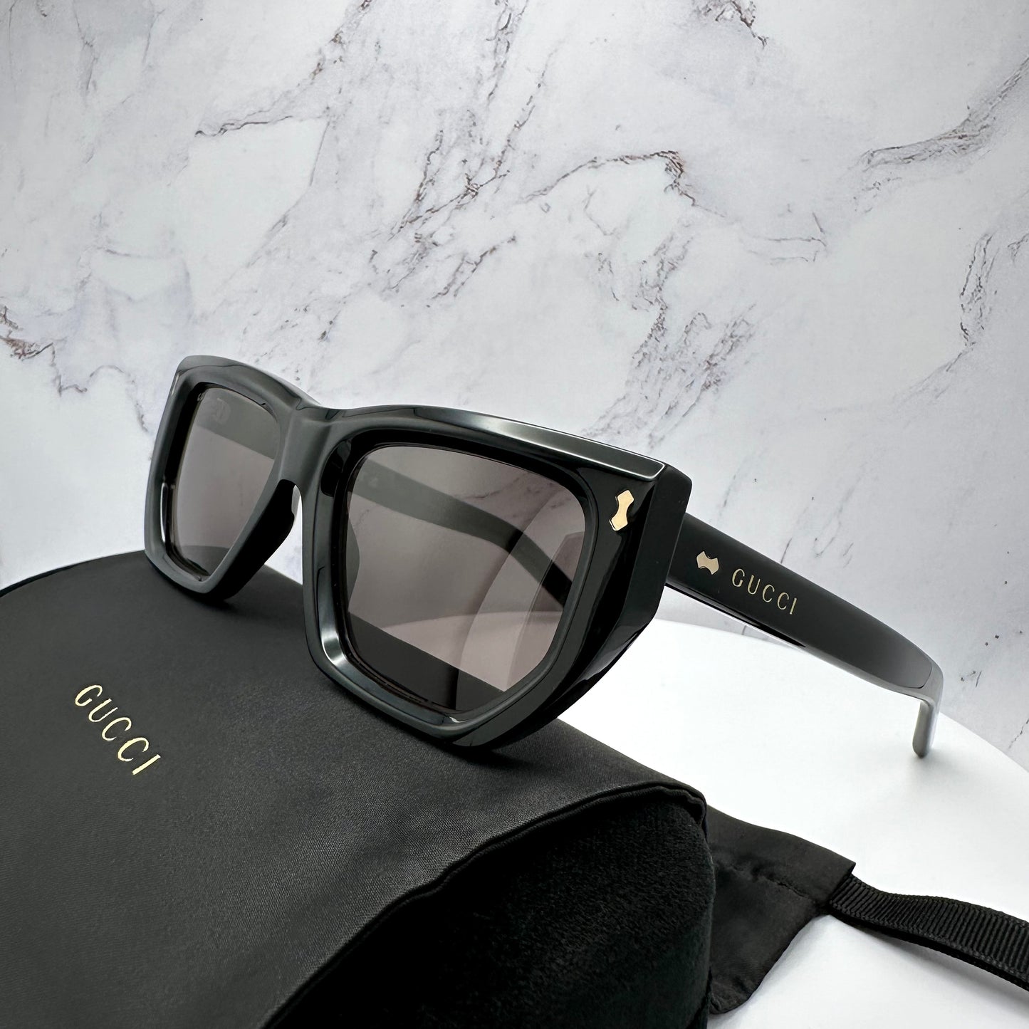 Gucci Rivetto Sunglasses GG1520S 001 Black Square Letter Gold Logo 53mm