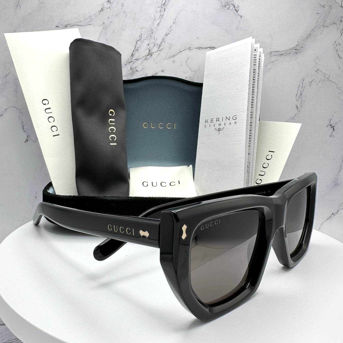 Gucci Rivetto Sunglasses GG1520S 001 Black Square Letter Gold Logo 53mm