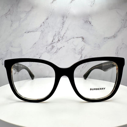 Burberry BE2415 4121 black on vintage check glasses with clear demo lens front view