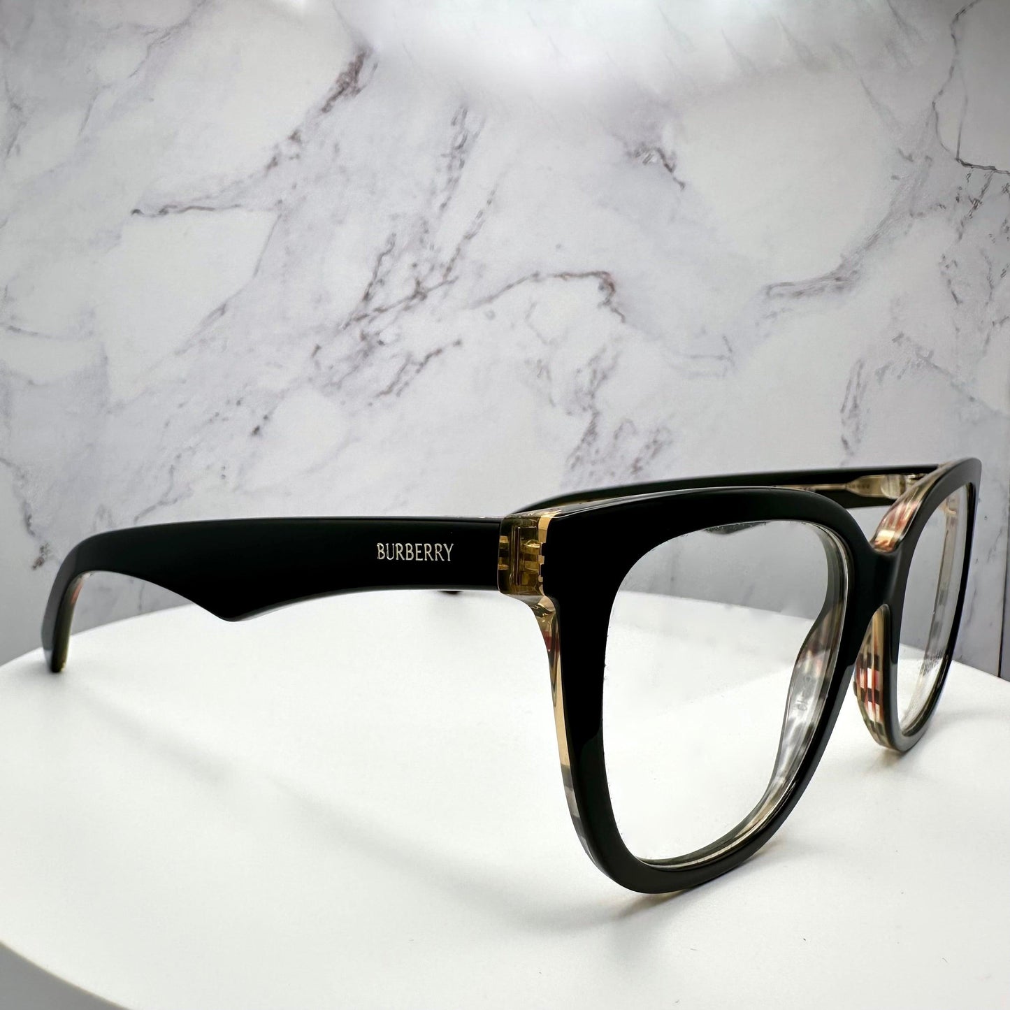 Burberry BE2415 4121 black on vintage check glasses with clear demo lens side view