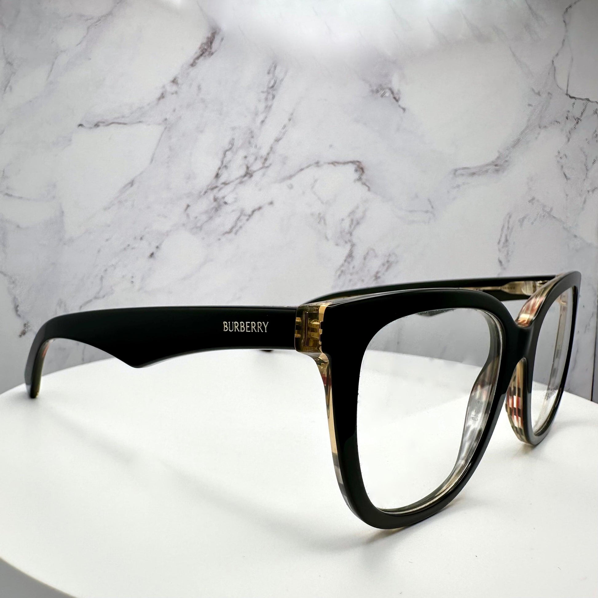 Burberry BE2415 4121 black on vintage check glasses with clear demo lens side view