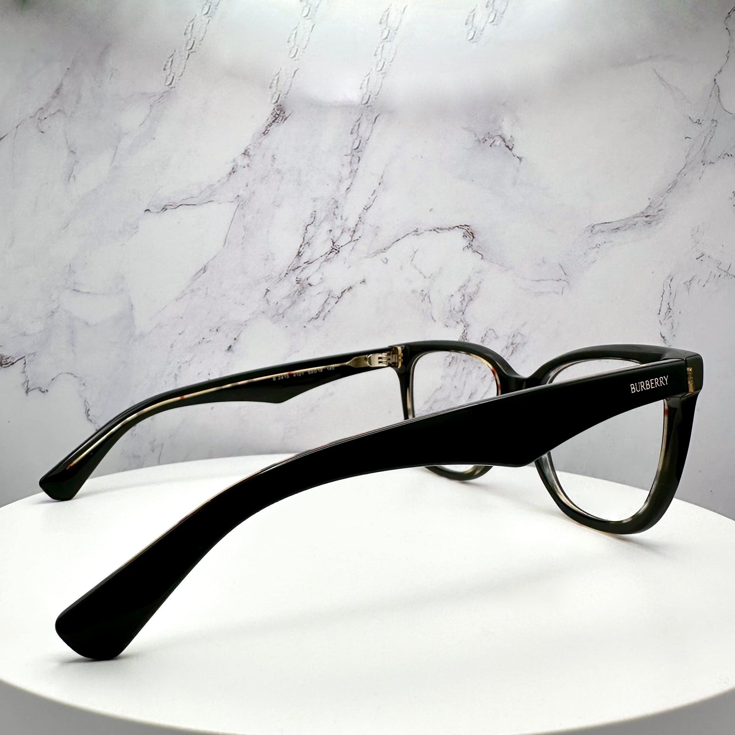 Burberry BE2415 4121 black on vintage check glasses with clear demo lens gold logo side view