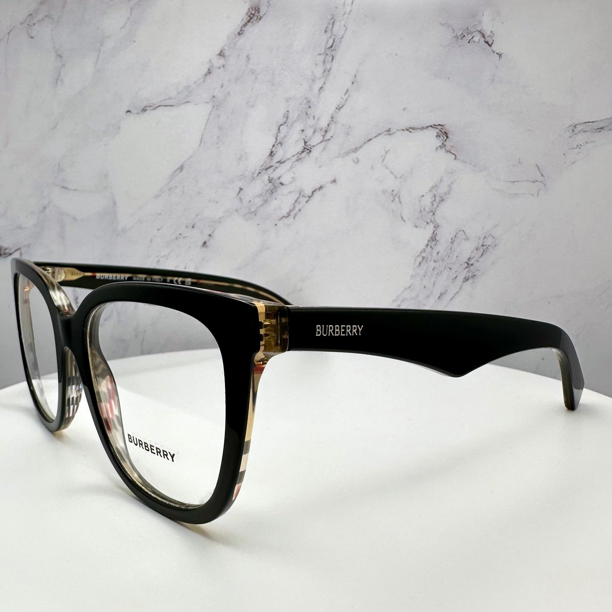 Burberry BE2415 4121 black on vintage check glasses with clear demo lens side view