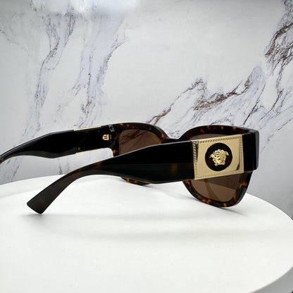 VERSACE VE4437U 108/73 brown tortoise sunglasses with gold medusa 3D logo side view