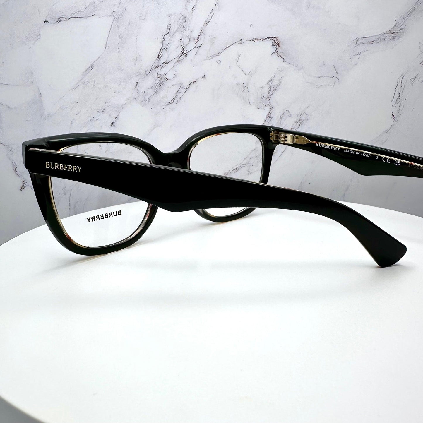 Burberry BE2415 4121 black on vintage check glasses with clear demo lens side view
