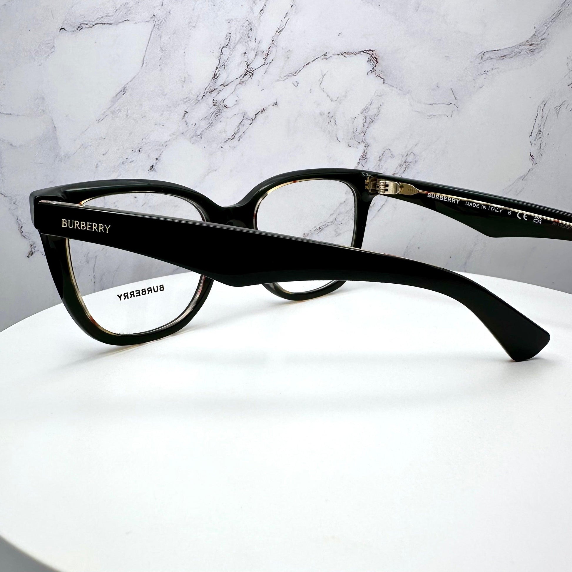 Burberry BE2415 4121 black on vintage check glasses with clear demo lens side view