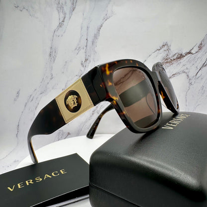 VERSACE VE4437U 108/73 brown tortoise sunglasses with gold medusa logo side view with case