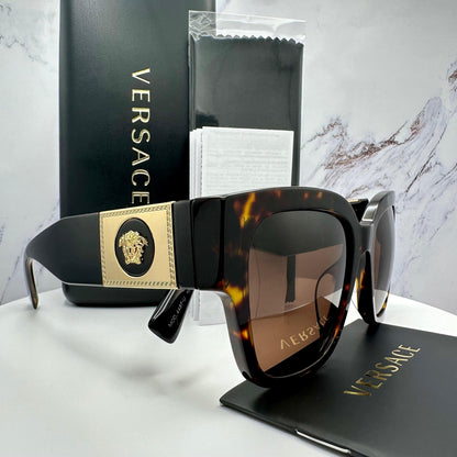 VERSACE VE4437U 108/73 brown tortoise women's sunglasses with gold medusa 3D logo side view with box and case