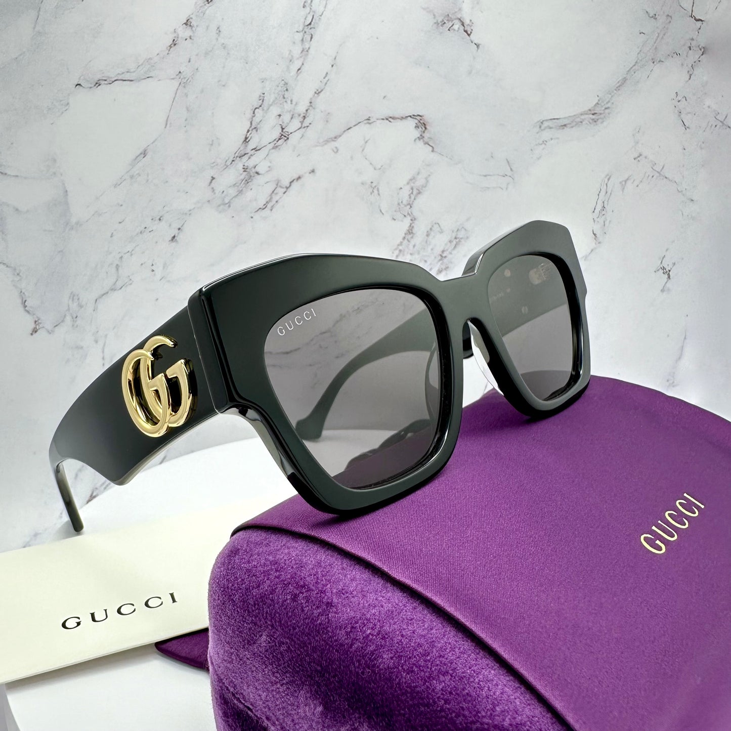 GUCCI GG1422S 001 Sunglasses Cat Eye Black Gold GG Logo