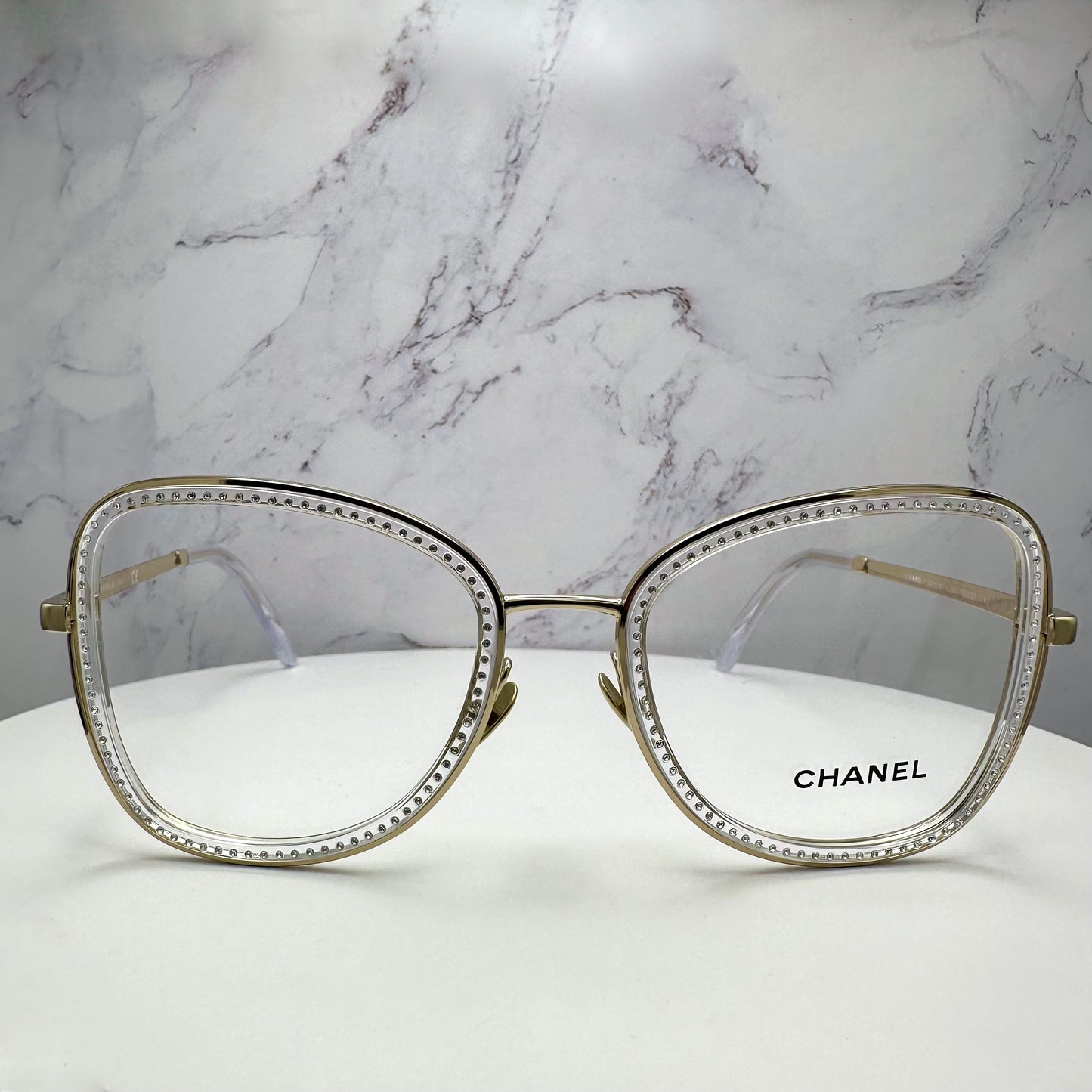 New CHANEL Eyeglasses Gold Metal Square Rhinestones Logo 53-20-140mm