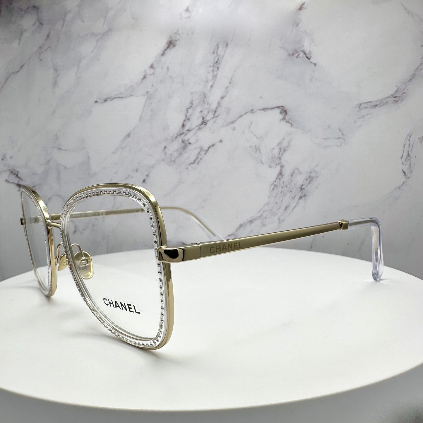 New CHANEL Eyeglasses Gold Metal Square Rhinestones Logo 53-20-140mm