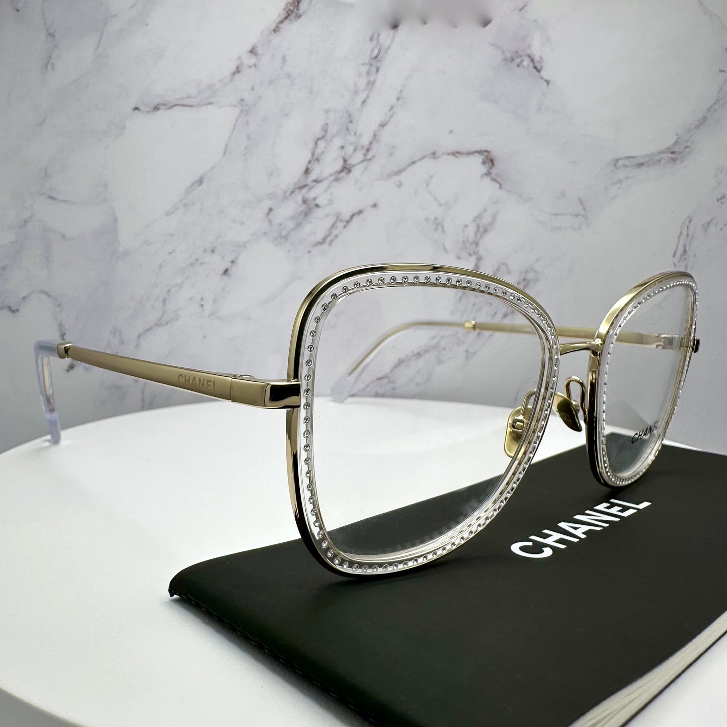 New CHANEL Eyeglasses Gold Metal Square Rhinestones Logo 53-20-140mm