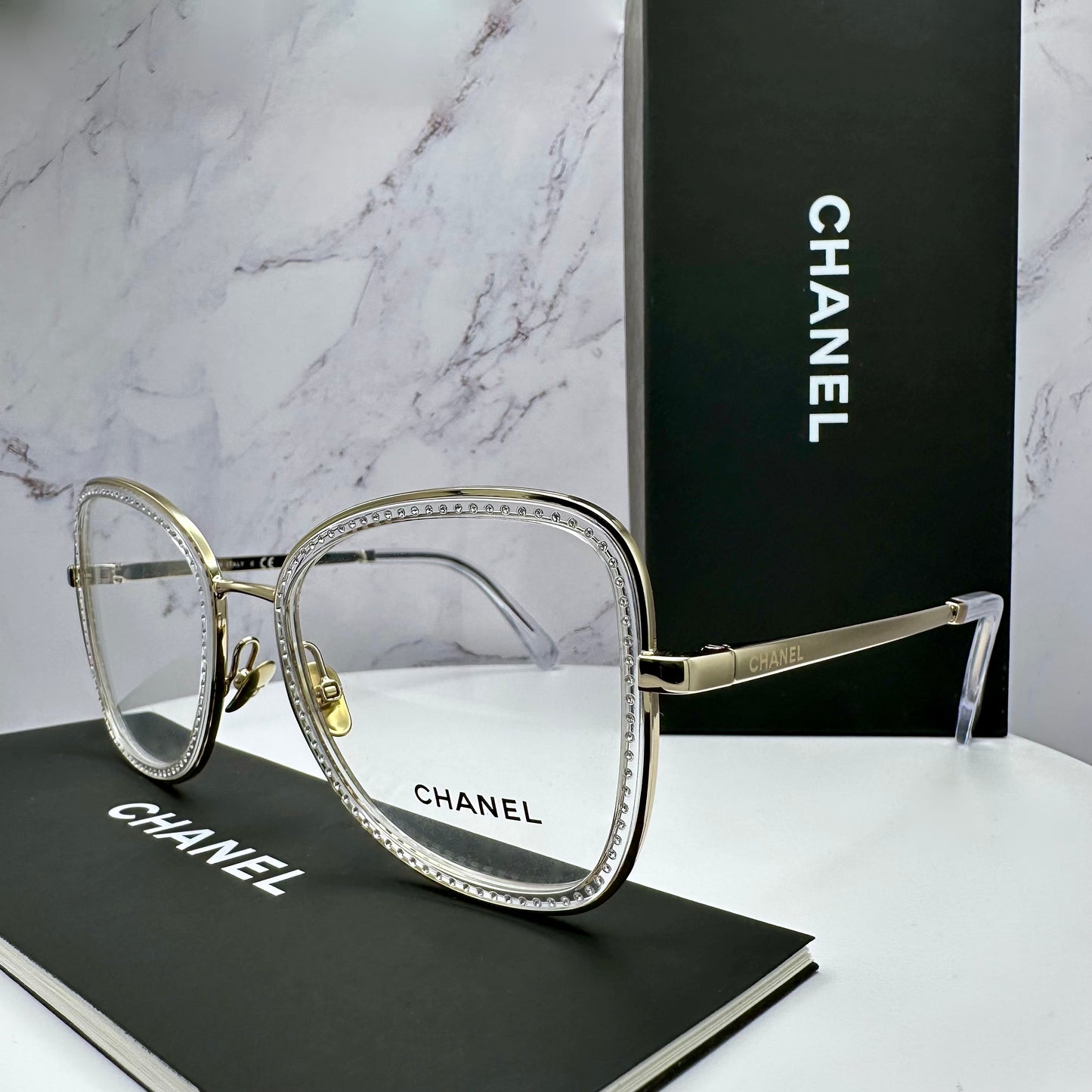 New CHANEL Eyeglasses Gold Metal Square Rhinestones Logo 53-20-140mm