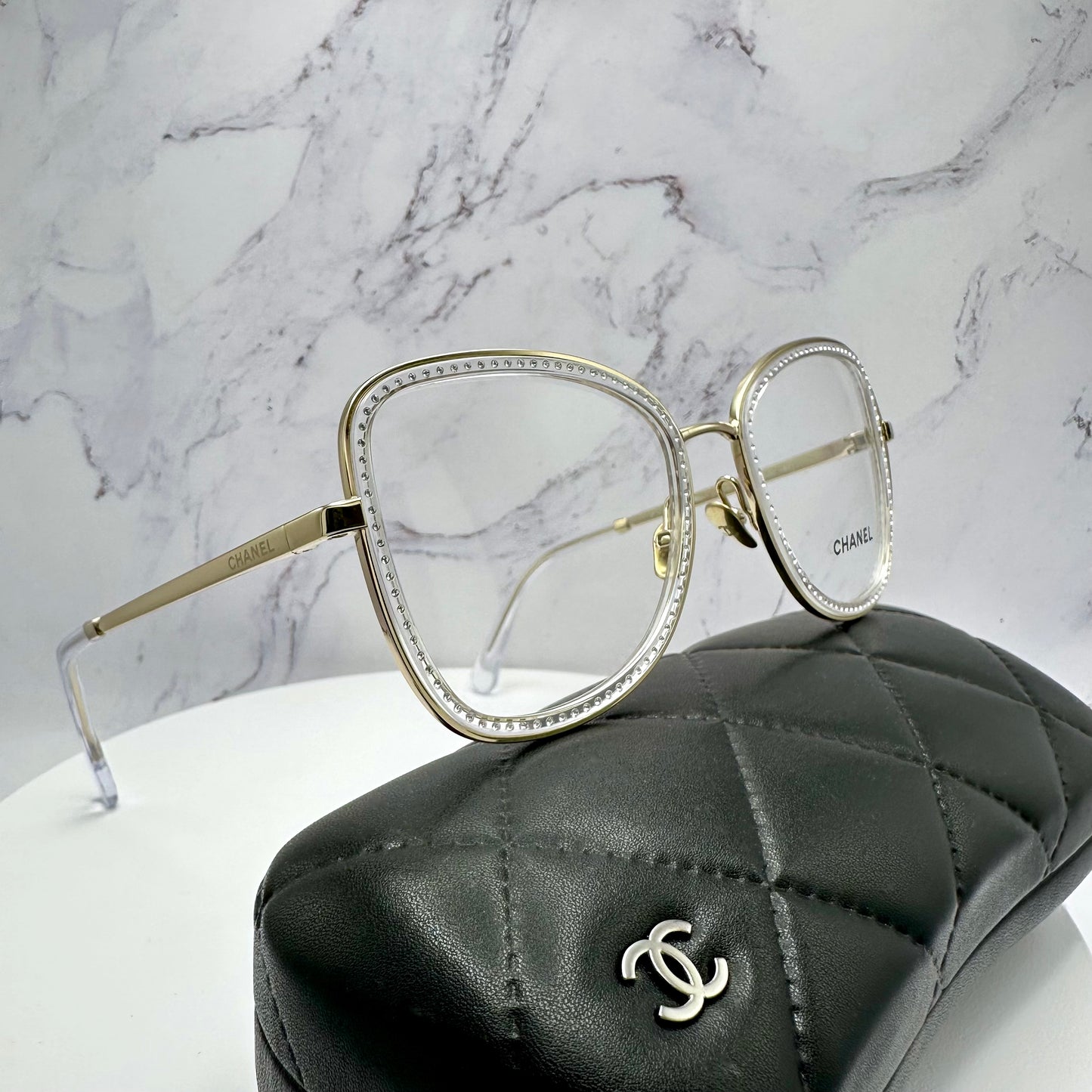 New CHANEL Eyeglasses Gold Metal Square Rhinestones Logo 53-20-140mm