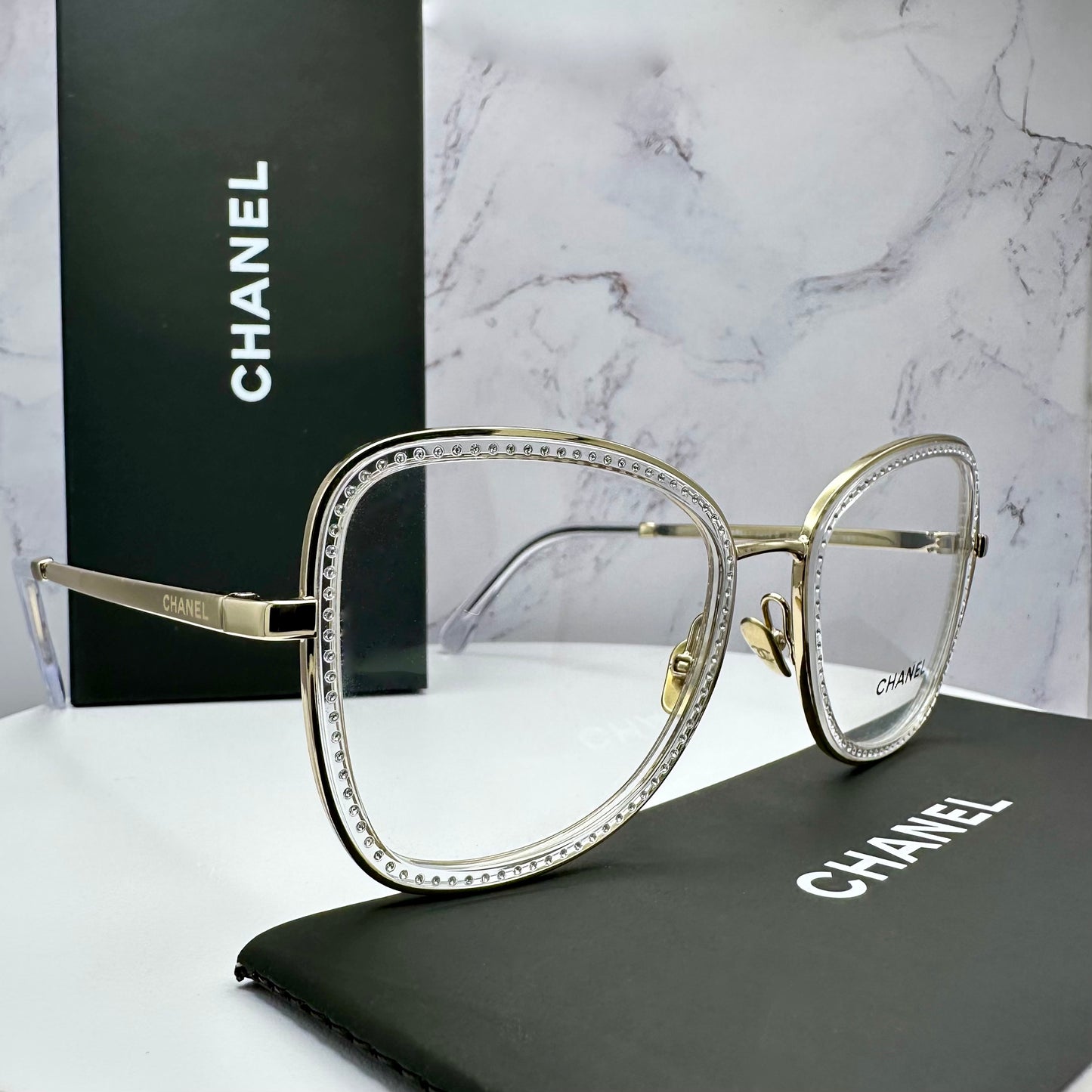 New CHANEL Eyeglasses Gold Metal Square Rhinestones Logo 53-20-140mm