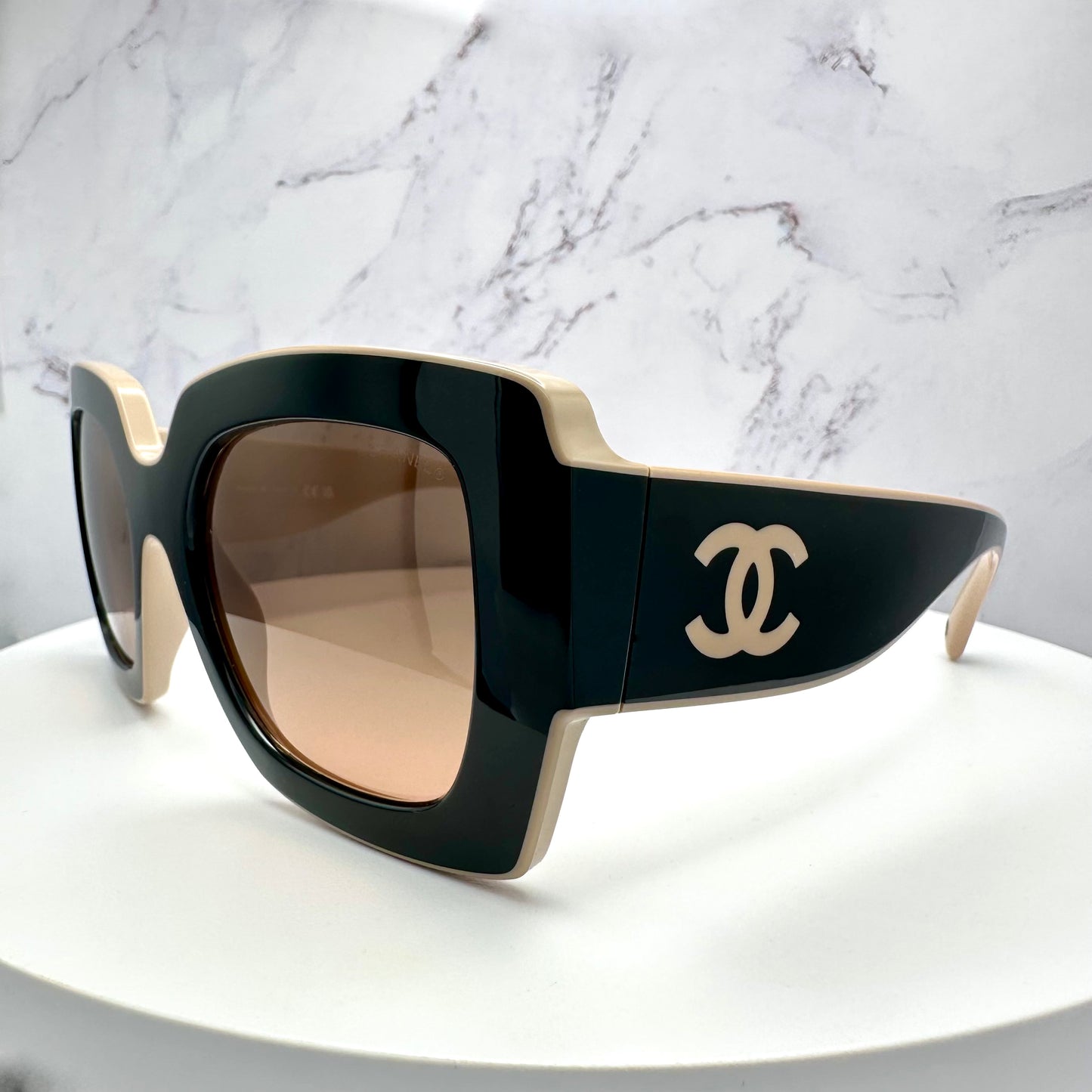 Chanel Sunglasses Black Beige Square CC Logo CH6059