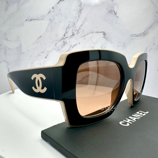 Chanel Sunglasses Black Beige Square CC Logo CH6059