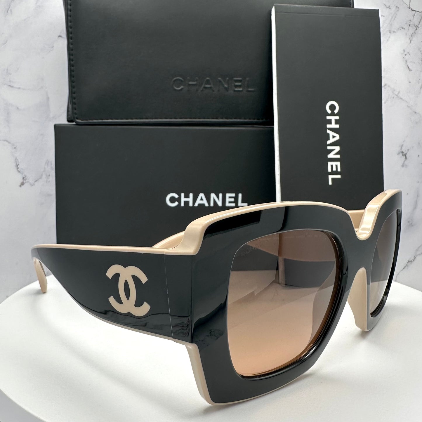 Chanel Sunglasses Black Beige Square CC Logo CH6059