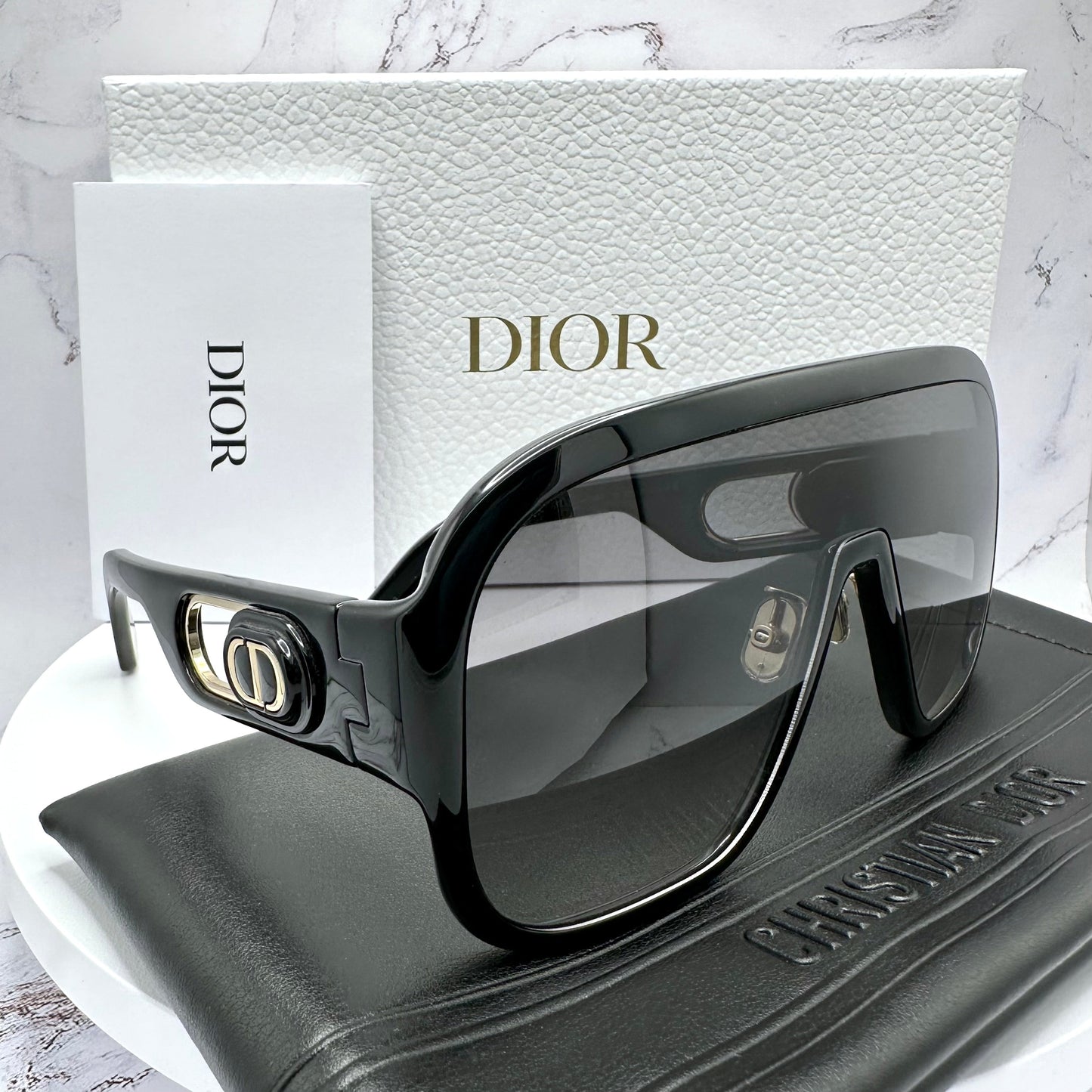 DIOR Sunglasses Black Gold CD Logo Oversized Shield Wrap