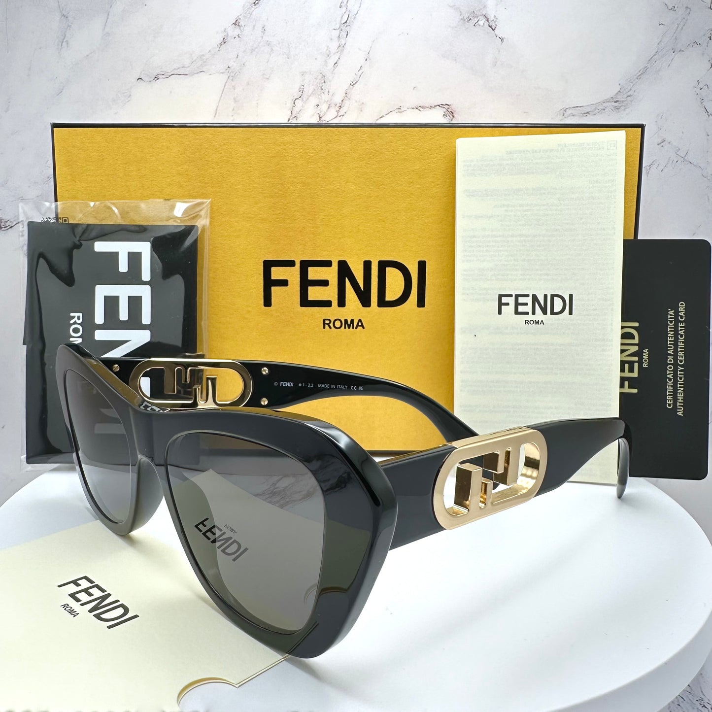 Fendi Sunglasses O'Lock Cat Eye Black Gold FE 40064101A