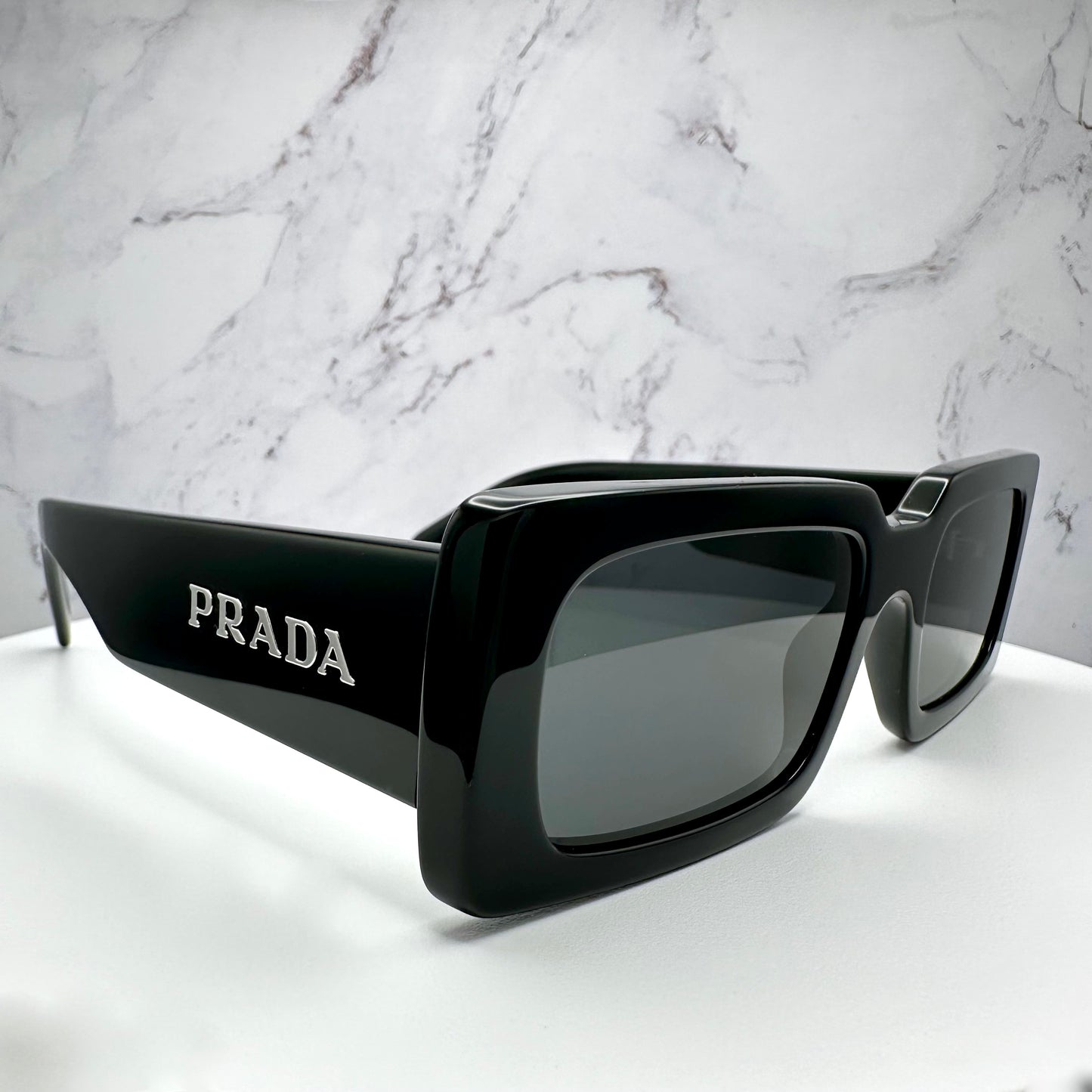 Prada Black Acetate Rectangle Sunglasses Logo PR A07S