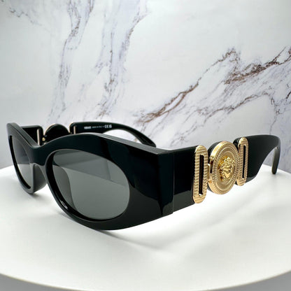 VERSACE VE4480U GB1/87 black oval grey lens gold medusa logo sunglasses side view with case